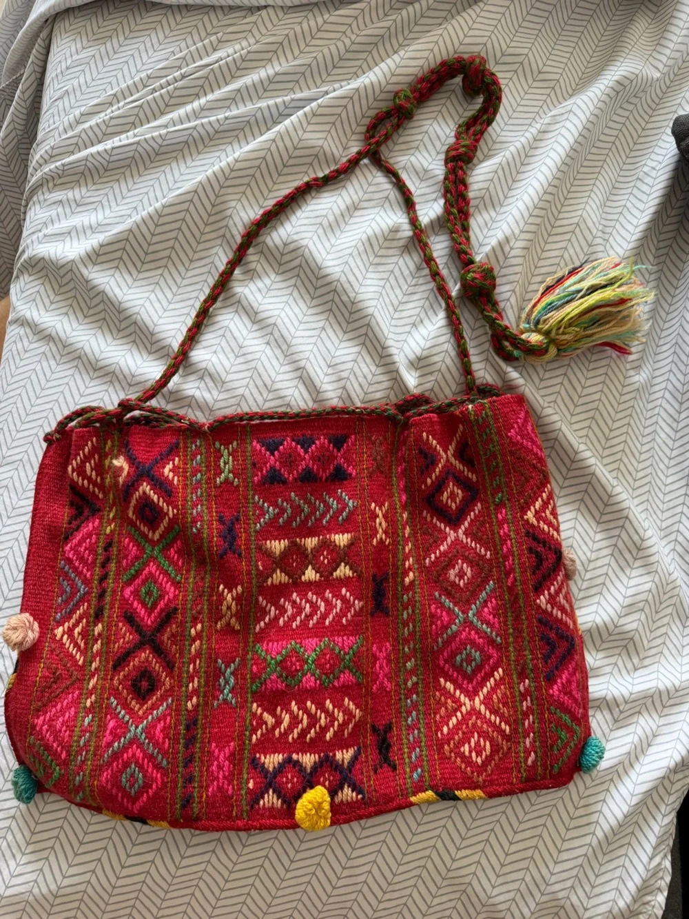 Handwoven Red Shoulder Bag with Multicolor Tassel